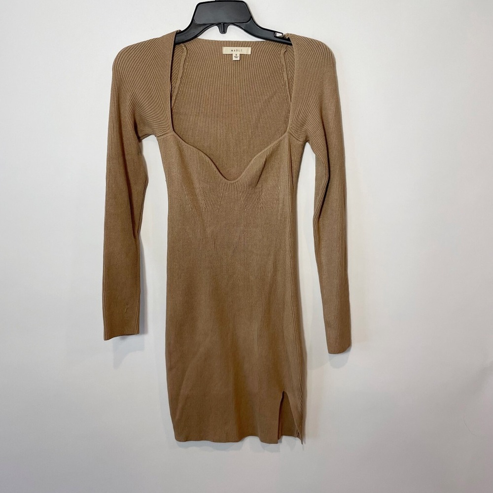 Mable Long Sleeve‎ Mini Sweater Dress Womens S Brown Ribbed Knit Sweetheart Neck